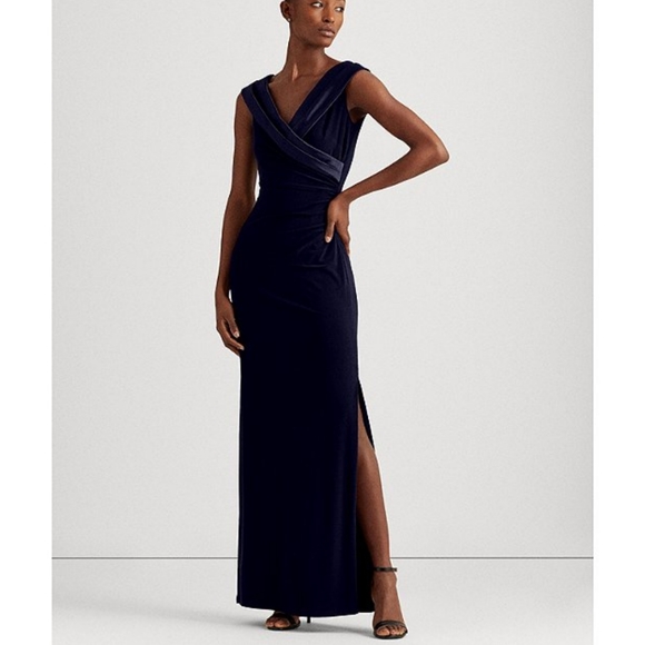 Lauren Ralph Lauren Crossover Gown In Lighthouse Navy - Picture 1 of 4